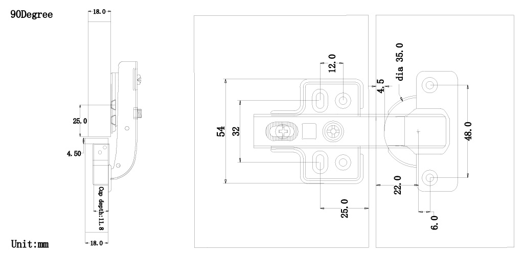 90&deg; Degree Cabinet Hinge Tech Drawing