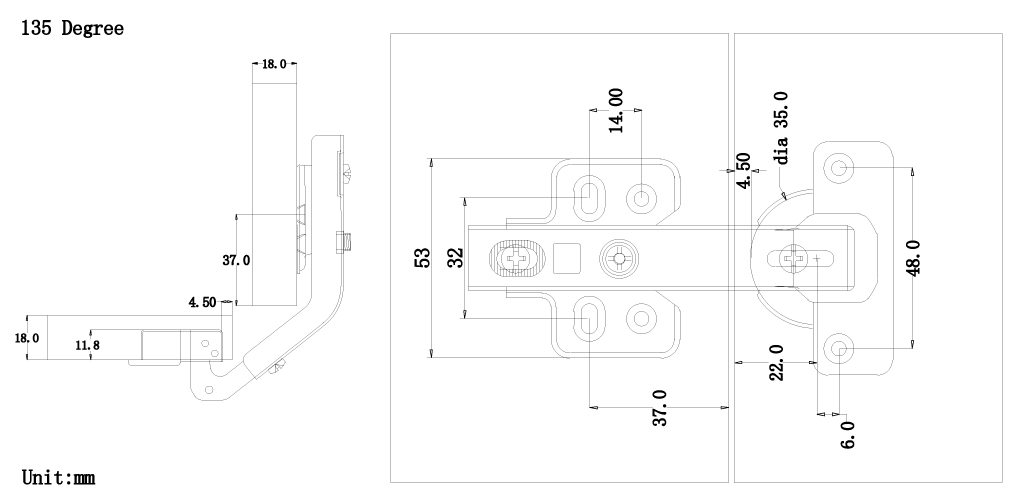 135&deg; Degree Cabinet Hinge Tech Drawing