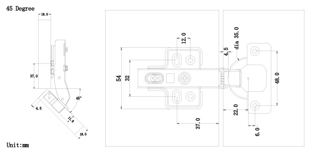 45&deg; Degree Cabinet Hinge Tech Drawing